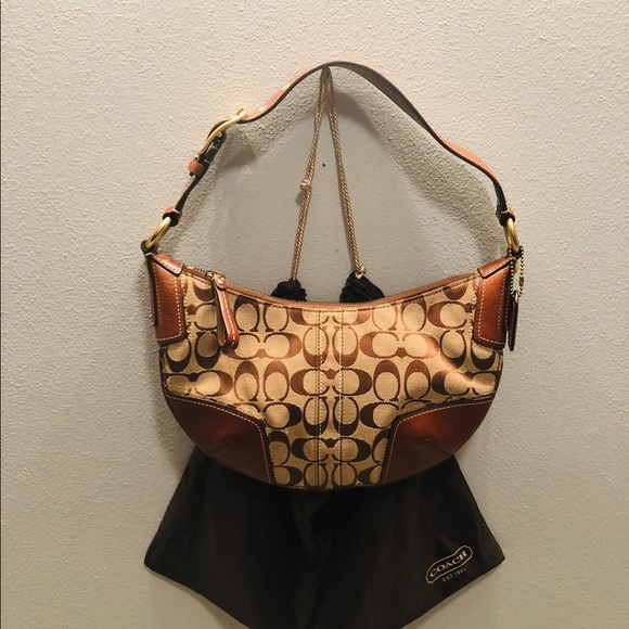Coach Brown Jacquard Hobo Purse Leather Strap - Picture 7 of 8